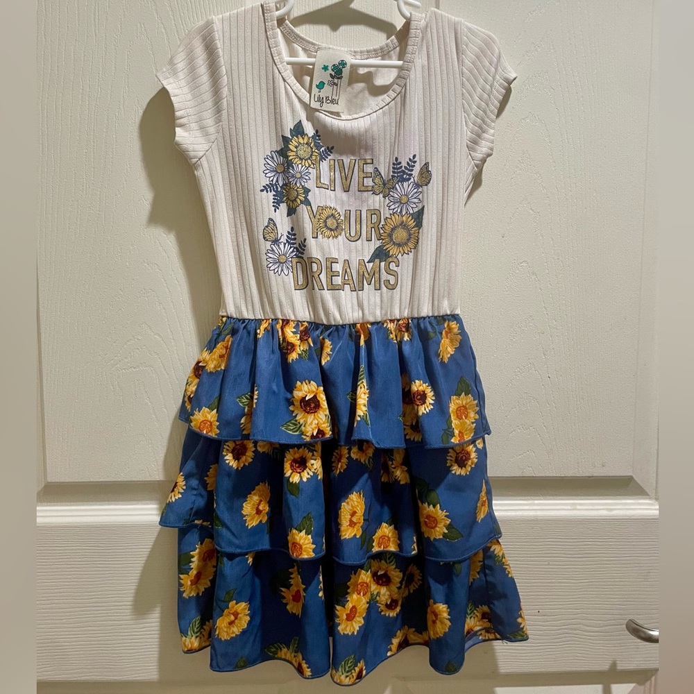 Lily Bleu Boutique Kids Dress - Cream and Blue with Sunflower Print